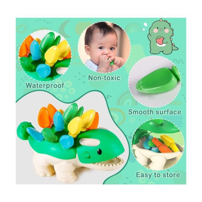 VORENUS Jouet Sensoriel Dinosaure Montessori – 12 Pointes Colorées, Chiffres, Motricité Fine, Bain, Cadeau 1-3 Ans