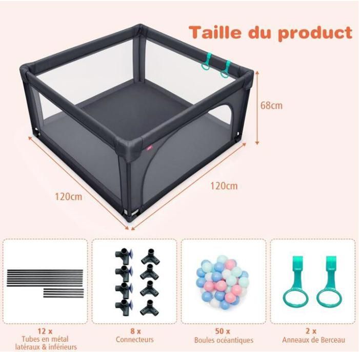 EAMADE Parc Bébé en Tissu Oxford, Clôture de Jeu avec Protection d'Angle avec 50 Balles de Jeu