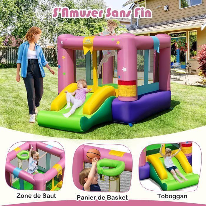 Château Gonflable GOPLUS 8-en-1 – Double Toboggan, Trampoline, Foot, Basket – Pour 4 Enfants, 120 Kg, Souffleur 450W