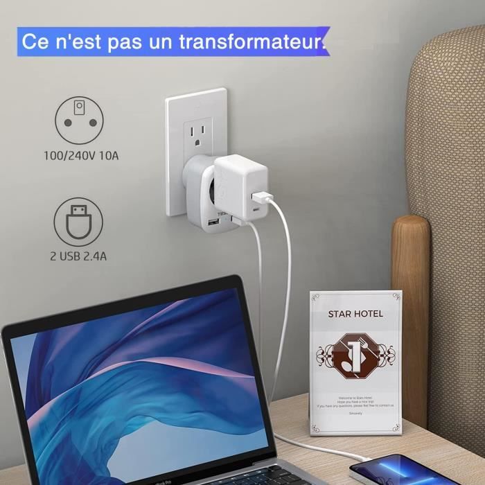 TESSAN Adaptateur Prise Americaine USA Canada France Adaptateur de Voyage,2  USB, Europe Francaise FR 2 Broches vers US 3 Broches