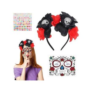 Tatouages Éphémères Halloween Squelette - 10 Feuilles + Strass - Maquillage Facile Pour Déguisement - Acevegue - 6