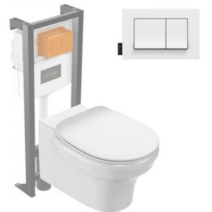 WC - TOILETTES Pack WC suspendu sans bride JACOB DELAFON Cléo 1889 +  abattant + bâti-support + plaque rectangle blanche