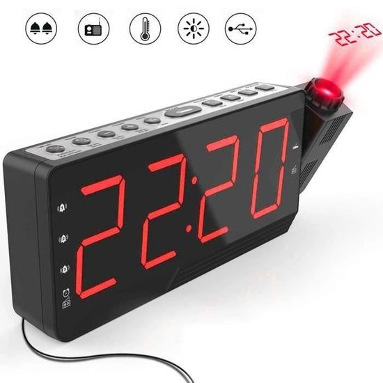 Réveil à Projection Au Plafond - Affichage LED Couleur - Charge USB - Projection à 180° - Format 12/24h - Pour Chambre