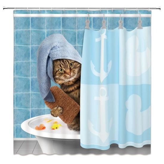 Rideau de bain drôle de chat - Rideau de douche en tissu imperméable pour décoration de salle de bain, rideau de douche design chat unique - France