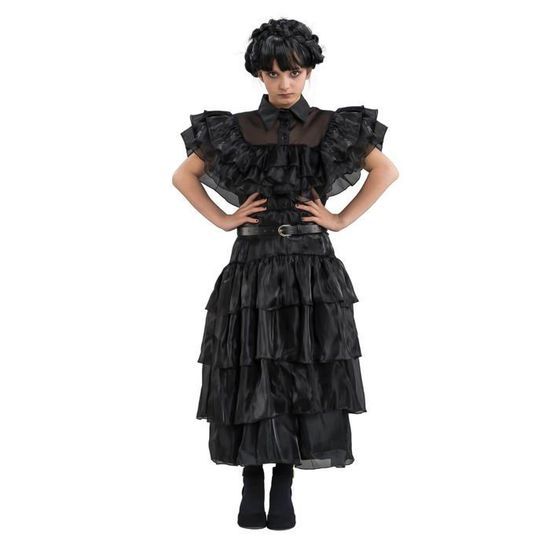 Déguisement Mercredi Addams Pour Fille - Robe Gothique Lolita Longue | Taille élastique, Tissu Doux | Costume Halloween, Carnaval, Cosplay