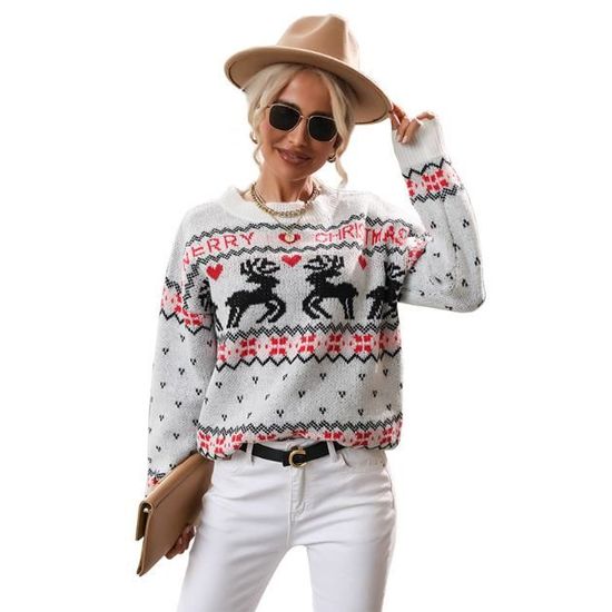 Pull Noël Femme Manches Longues Col Rond - Imprimé Élan Amusant Grande Taille