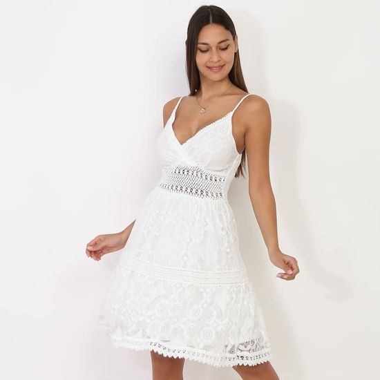 Robe patineuse blanche en dentelle ajour e Blanc Cdiscount Pr t