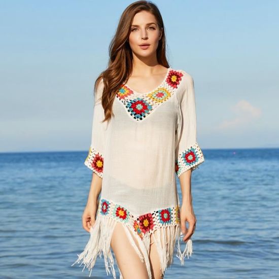 Bsubseach Robe De Plage Femme Crochet Franges – Cache Maillot Bikini Col V, Cover Up Été Léger Et Élégant