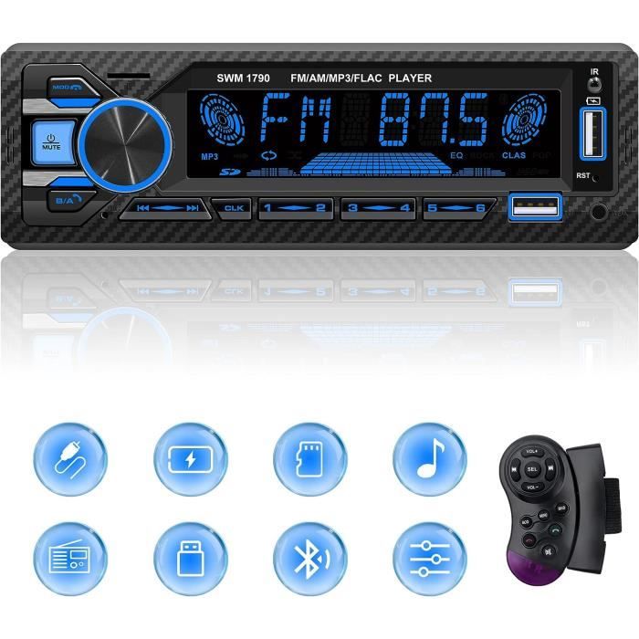 Autoradio Bluetooth 5.0 1 DIN - FM, USB, AUX, Carte SD - 7 Couleurs LED - Kit Mains Libres - Compatible IOS/Android