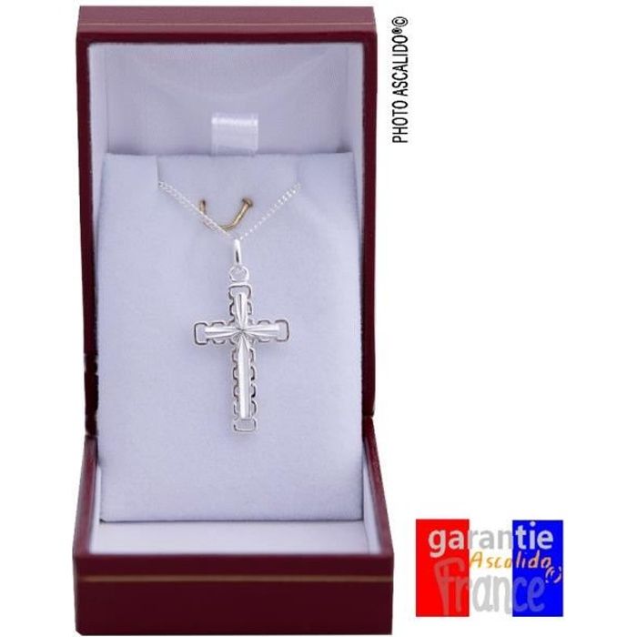 Ensemble croix catholique dentelle de 3cm en argent massif 925 collier avec pendentif et chaine pour homme femme boite écrin inclus