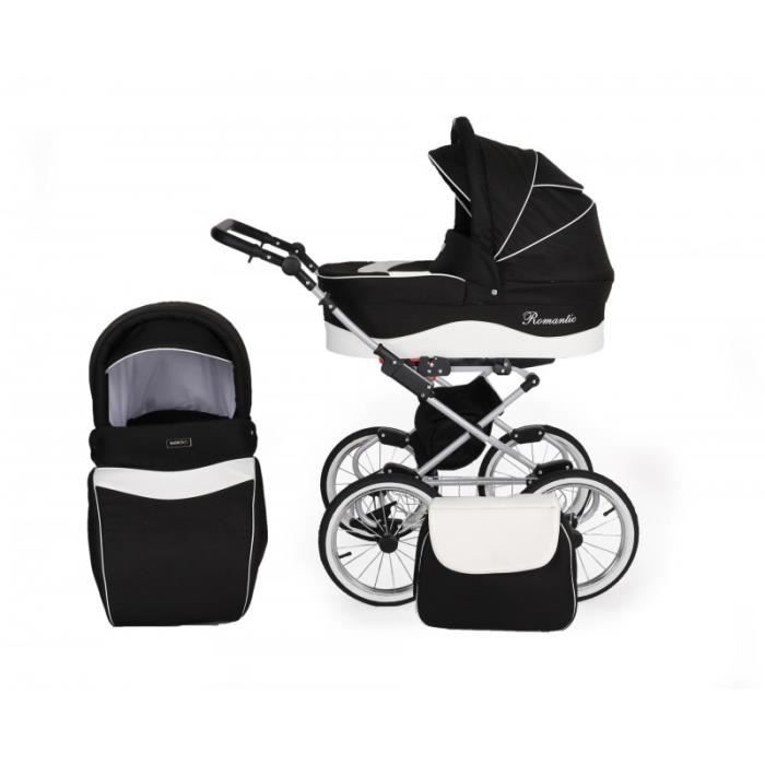 Solenzo - Poussette combinée 3 en 1 rétro noir et blanc avec cosy + ombrelle offerte