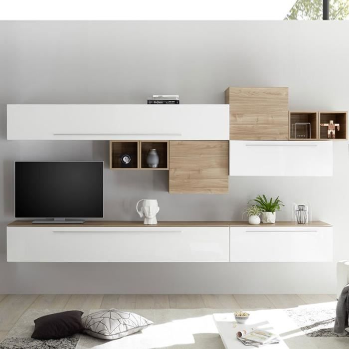 Ensemble TV mural blanc et couleur bois clair VASTO Blanc L 320 x P 35 x H 200 cm