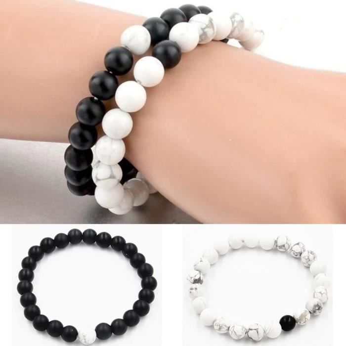2pcs Couple Bracelet Blanc et Noir Perles Chaîne Cadeau de Noël Bijou