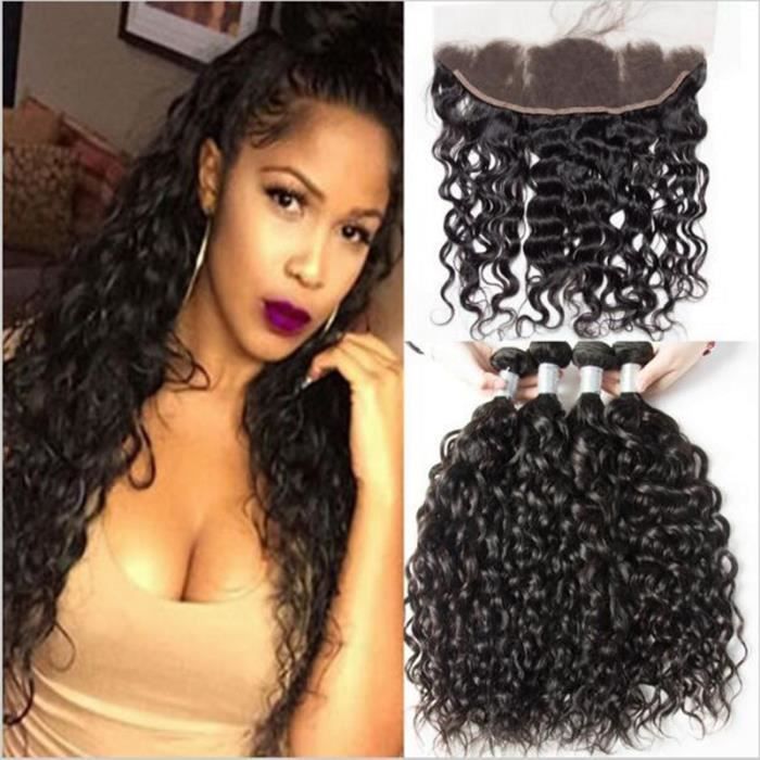 3 Tissage Humain Hair 16”18”20” Bresilienne Water Wave cheveux naturel avec 13x4 Ear to EarLace Frontal Closure 14 Pouces