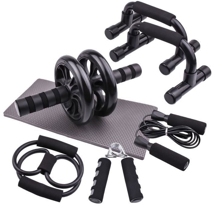 Appareils de Fitness 6 en 1 Roue Abdominale + Poignée de Pompe + Corde à Sauter + Pince à Main + Tapis pour Genou Kit Complet