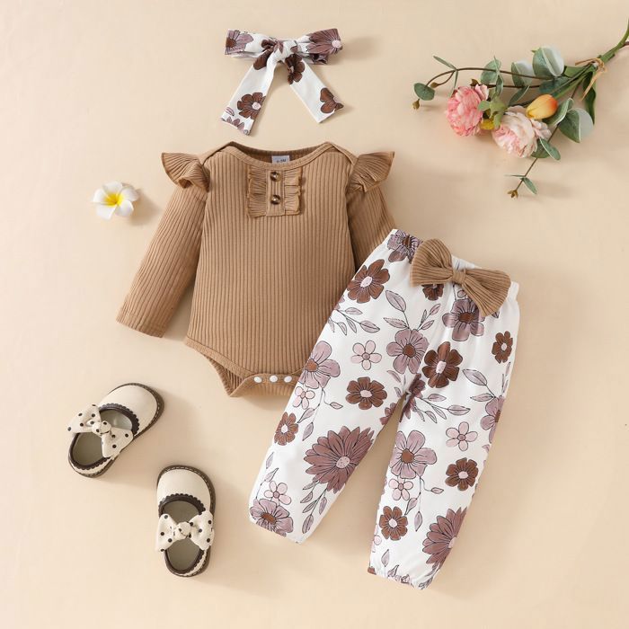 Vetement Bebe Fille Nouveau ne Barboteuse a Volants Manche Longue Floral Pantalon Ensemble Tenues d automne 0 18 Mois kaki