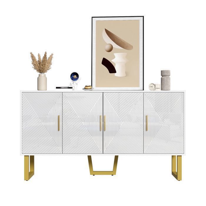 Buffet de 150 cm avec portes texturées brillantes et poignées dorées conception à 4 portes étagères réglables en hauteur Blanc