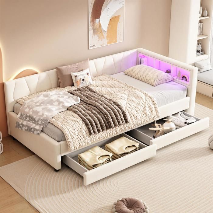 Canapé-lit 90x200 beige en lin avec LED USB‑C et 2 tiroirs de rangement (sans matelas)