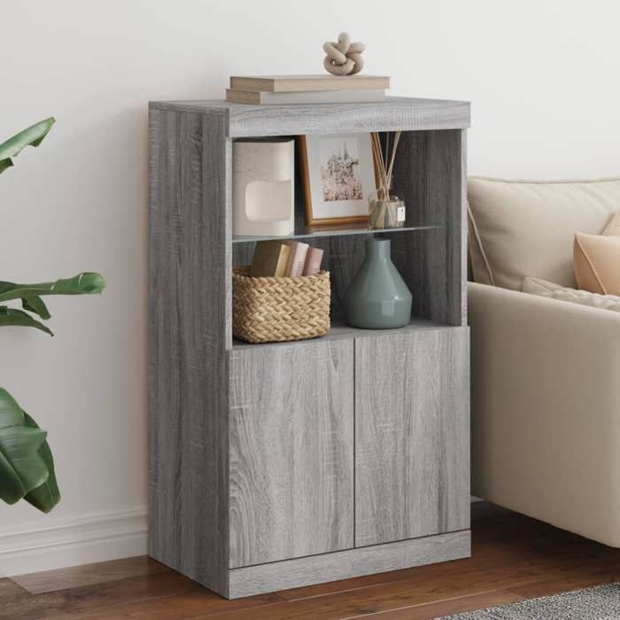 Buffet-Meuble de rangement avec lumières LED sonoma gris 605x37x100 cm