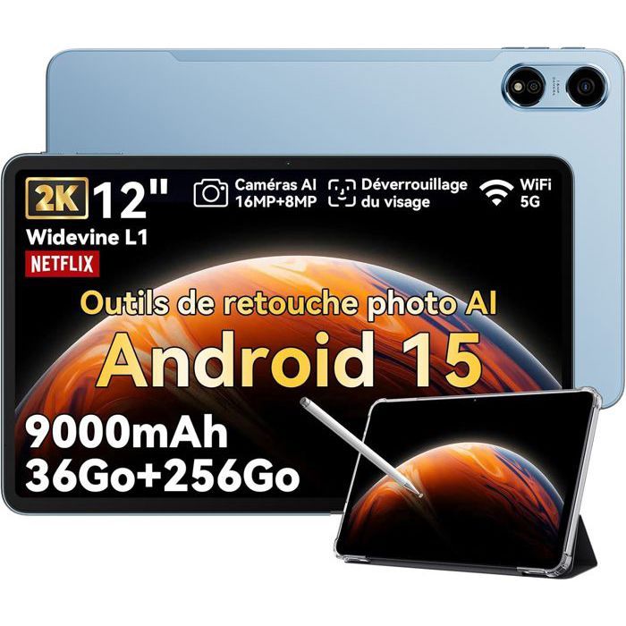 Oscal Pad 100 Tablette Tactile 12 Android 15 2.4G+5G Wifi RAM 36Go ROM 256Go/SD 2To 9000mAh 16MP+8MP Dual SIMMode PC WPS – Bleu