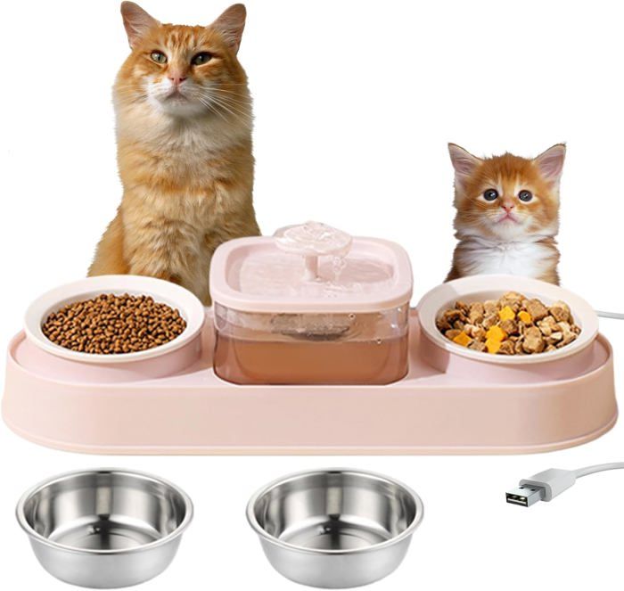 Comparer les prix de 3 in1 Mangeoirs et Abreuvoirs pour ChatsGamelle Chat Pompe Fontaine a Eau ChatGamelle pour Chat Incliné à 15°Fontaine (Rose)