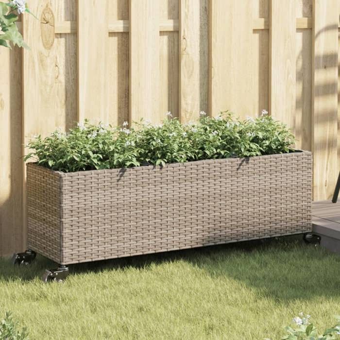 Vidaxl Jardinière et roulettes/3 pots gris 107x32x38 cm résine tressée jardinière dextérieur bac à fleurs bac à tomates 366421