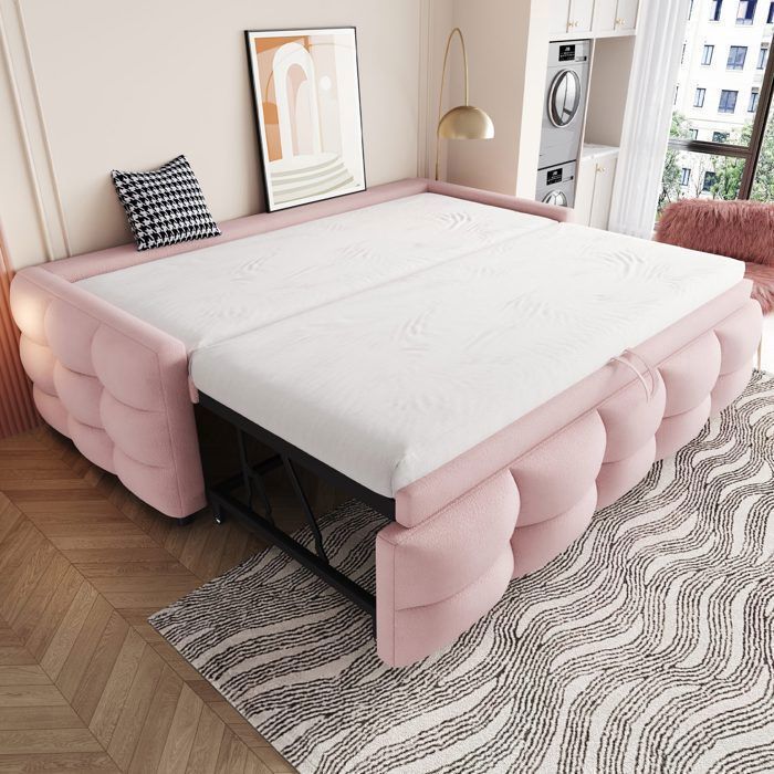 Lit capitonné Lit gigogne Canapé-lit pliant 90/180 x 190 cm Lit double Teddy polaire avec sommier à lattes - rose