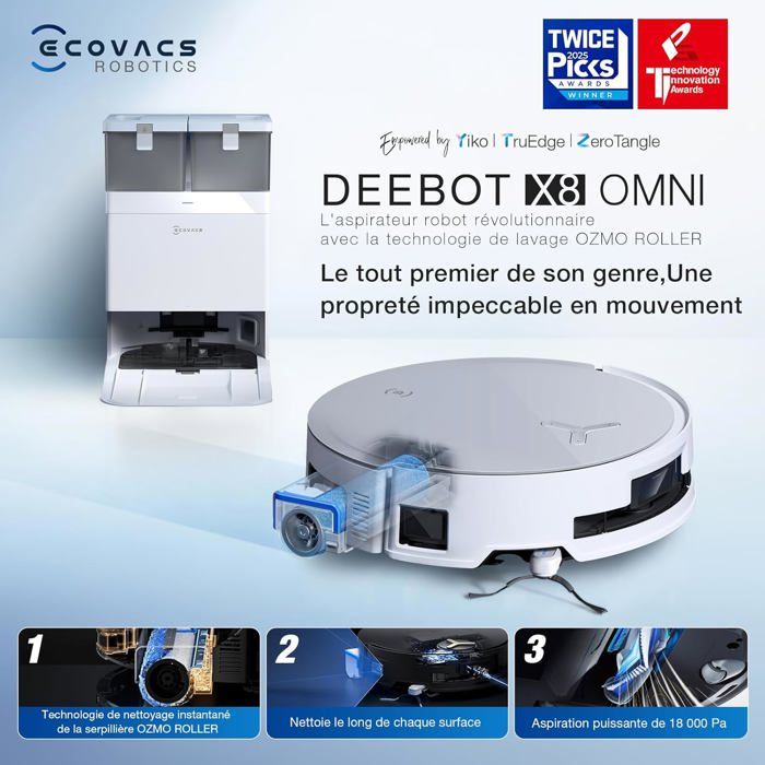 Robot Aspirateur - ECOVACS - DEEBOT X8 OMNI - 18 000 Pa - Lavage OZMO ROLLER - Auto-nettoyage