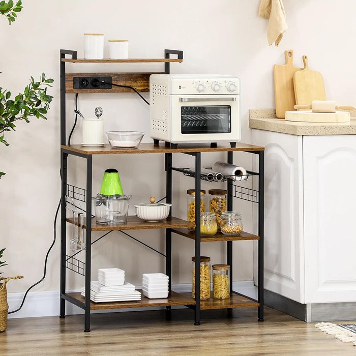 Meuble Cuisine Avec prises intégrées 90x42x130cm étagères style industriel Marron Meuble Cuisine Avec prises intégrées 90x42x130cm étagères style industriel Marron
