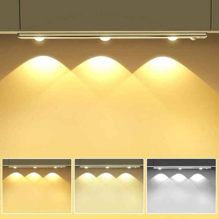 Lampe LED placard 40cm Capteur mouvement Rechargeable USB 3 modes Magnétique Argent PZCC