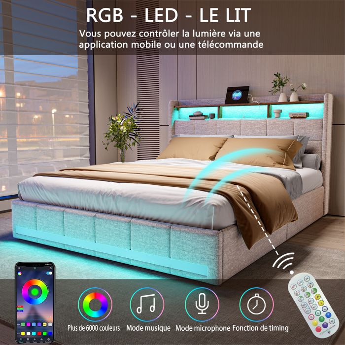 Lit Double 160x200 en Tissu Gris 4 Tiroirs de Rangement Tête de Lit — free download