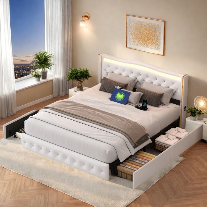 Lit 140x200 Sommier Led Et 2 Usb, Type-c, Lit Capitonné Lit Double Avec 4 Tiroirs Lin Beige Lit 140x200 Sommier Led Et 2 Usb, Type-c, Lit Capitonné Lit Double Avec 4 Tiroirs Lin Beige