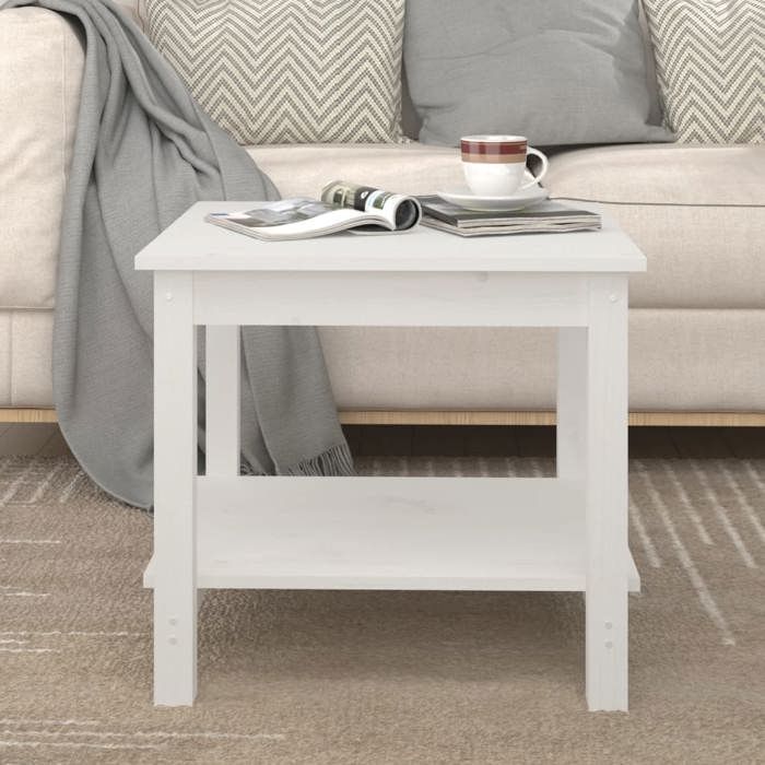 Table basse campagne rustique blanc en pin massif 50 x 50 x 45 cm bout de canapé pour petit salon