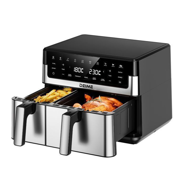 DEIME Air Fryer 6.5L+3.5L - Friteuse sans Huile 10L - Double cuve - 10 Programmes de cuisson - 2800W - Noir - Deime