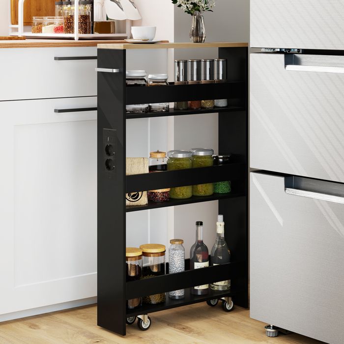 GIANTEX Desserte de Cuisine Étroit à Roulettes- 475x13x805cm- Station de Charge- Chariot de Service à 4 Niveaux- Noir + Naturel
