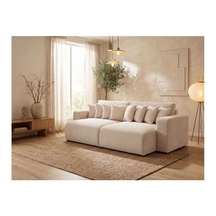 Canapé droit 4 places JADE double méridienne et assise profonde en velours côtelé - Beige