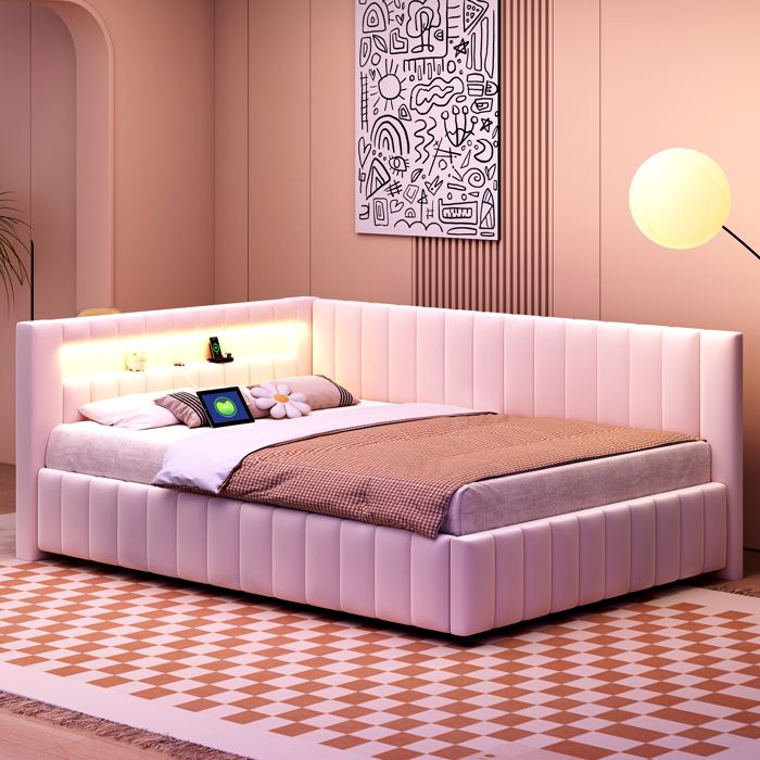 Lit banquette 140x200 cm lit double avec LED à couleurs changeantes revêtement rembourré beige (sans matelas)