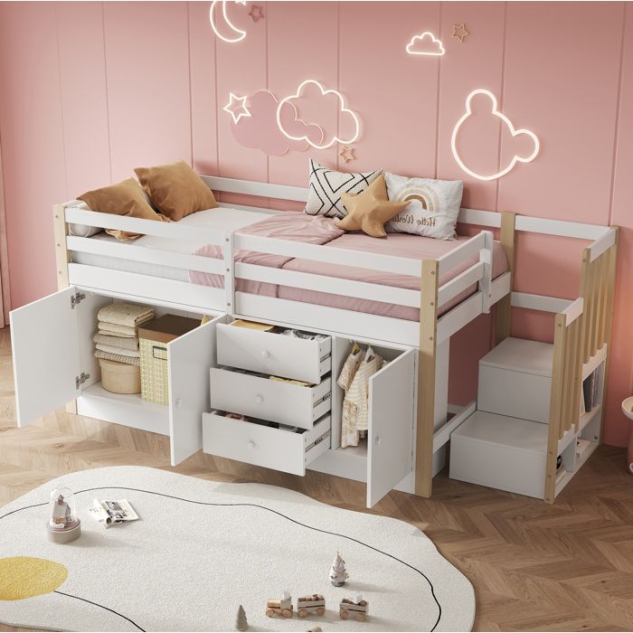 Lit mezzanine enfant 90x200 cm avec escalier tiroirs 2 placards et penderie sommier à lattes MDF blanc