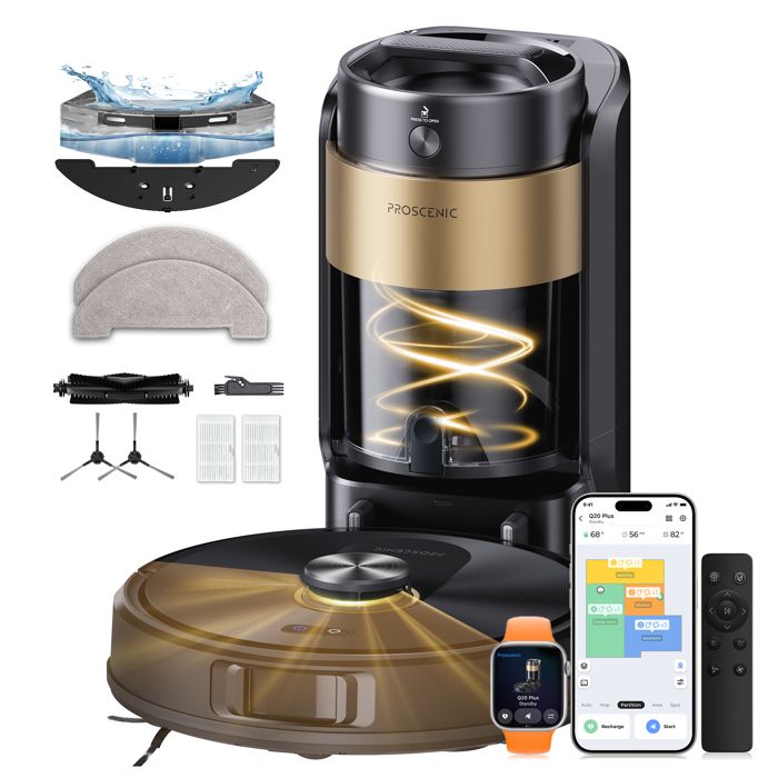 Proscenic Q20 Plus - Aspirateur Robot  Laveur 12000 Pa - Station Eco-Cyclone™ Sans Sac 4 L - 200 min - Idéal Poils dAnimaux & Tapis - Proscenic