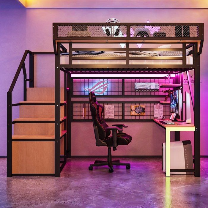 Lit mezzanine métal 140x200cm lit double avec bureau étagères filet de rangement lit adulte éclairage LED et prise électrique noir