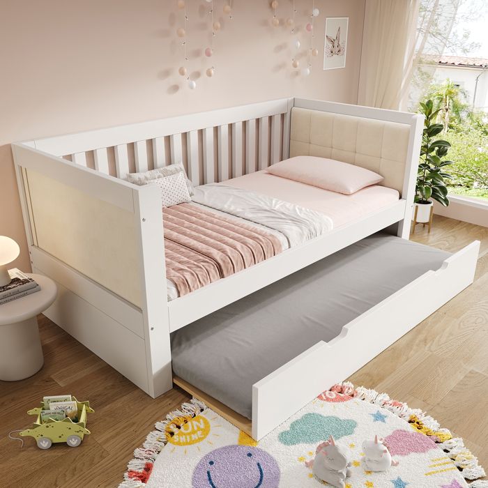 Luscriate - Lit enfant 90x190 cm avec lit gigogne canapé-lit bois avec sommier gain de place - Blanc