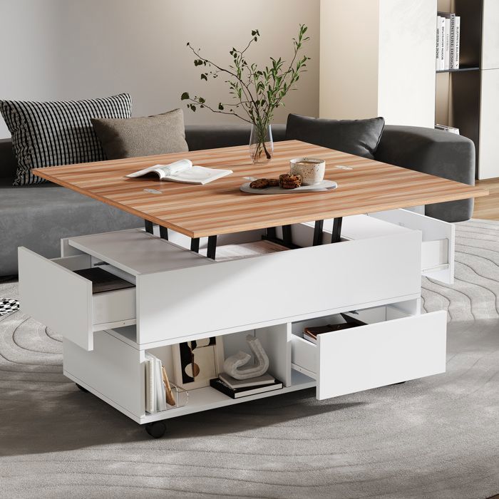 Table basse relevable blanche et décor chêne avec roulettes et 4 tiroirs
