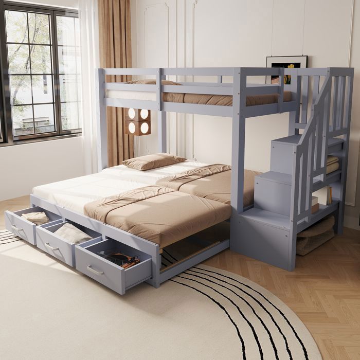 Lit superposé 90x200 cm avec lit gigogne 180x190 cm 3 tiroirs en bois gris