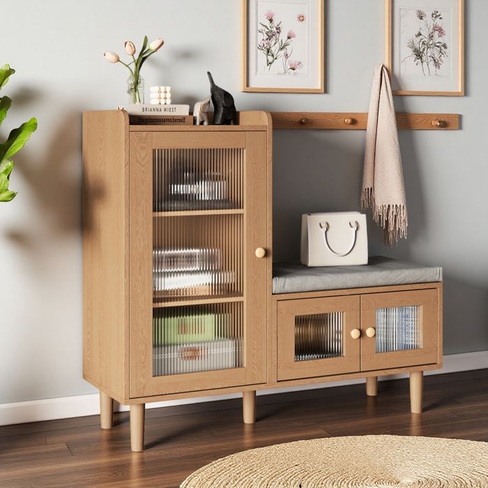 Meuble chaussure entree avec 3 volets armoire à chaussures avec banc et séparateur réglable 100x35x90cm couleur bois naturel
