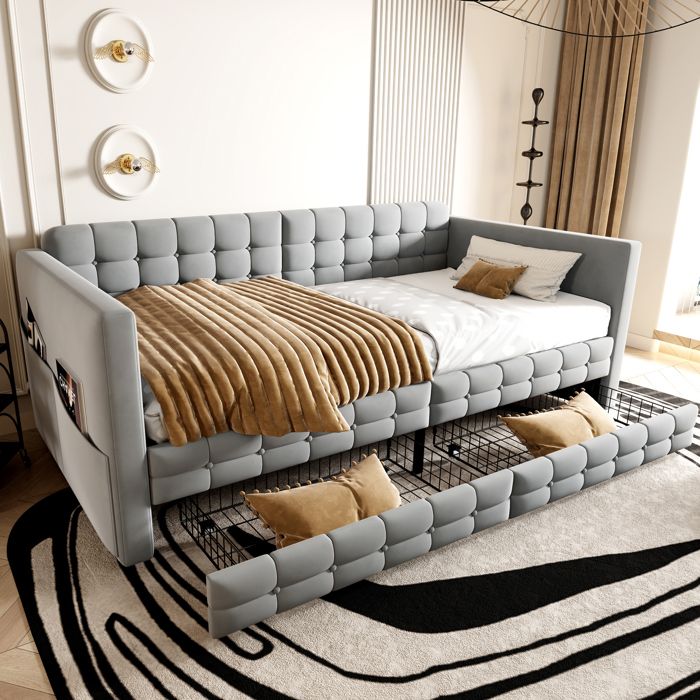 Lit canapé - PAGE LIVING - Motif carreaux - 90x190 cm - Velours gris clair - 2 tiroirs de rangement