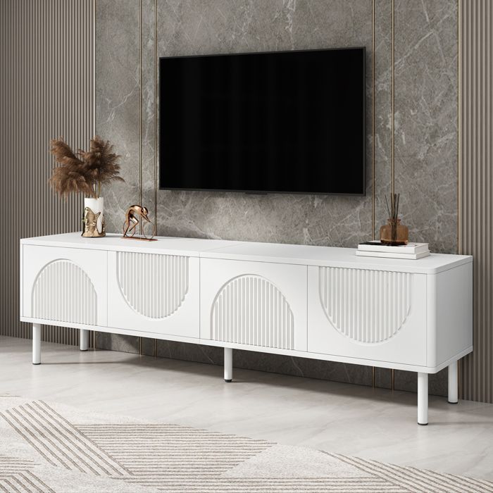 Meuble TV 4 Portes avec Gestion des Cables et Relief 3D - TCQPZ - en MDF et Panneaux de Particules Blanc 180 × 40 × 52 cm