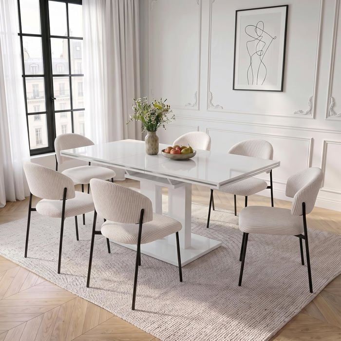 JIEXI Lot 7 table extensible 140-180 cm blanc brillant à colonne 6 chaises velours côtelé crème pour salle à manger