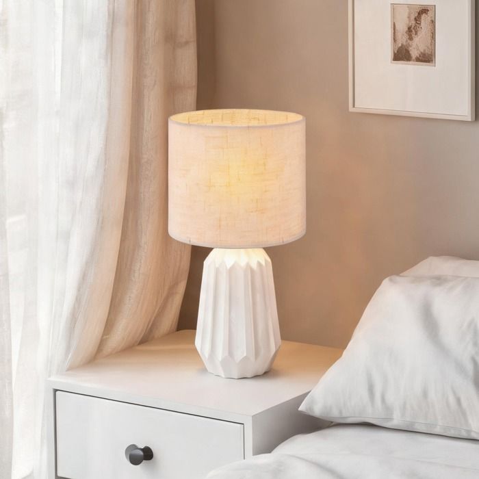 Lampe de chevet vintage en céramique plissée et lin beige L 22 x l 22 x H 39 cm interrupteur câble