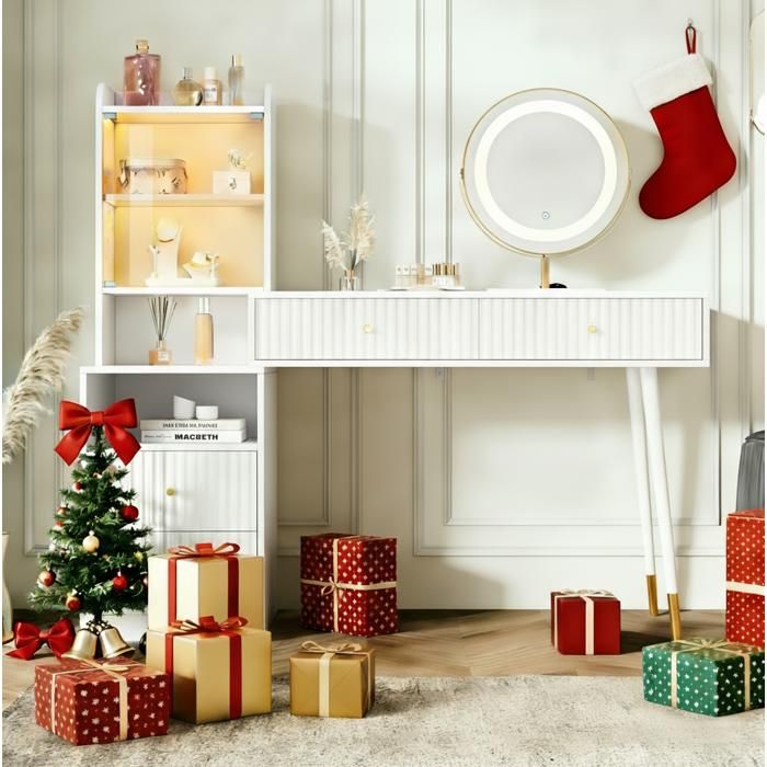 Coiffeuse avec 4 Tiroirs Meuble Vitré Éclairé et Niche Ouverte Miroir LED 3 Couleurs en Bois 100×40×125 cm Blanc