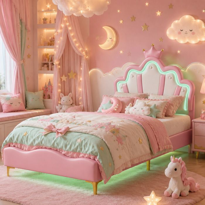 Lit Enfant 90x200 CM avec Sommier - Lumineuses LED RGB - Lit Fille Princesse avec Tête de Lit Couronne Réglable - Similicuir - Rose